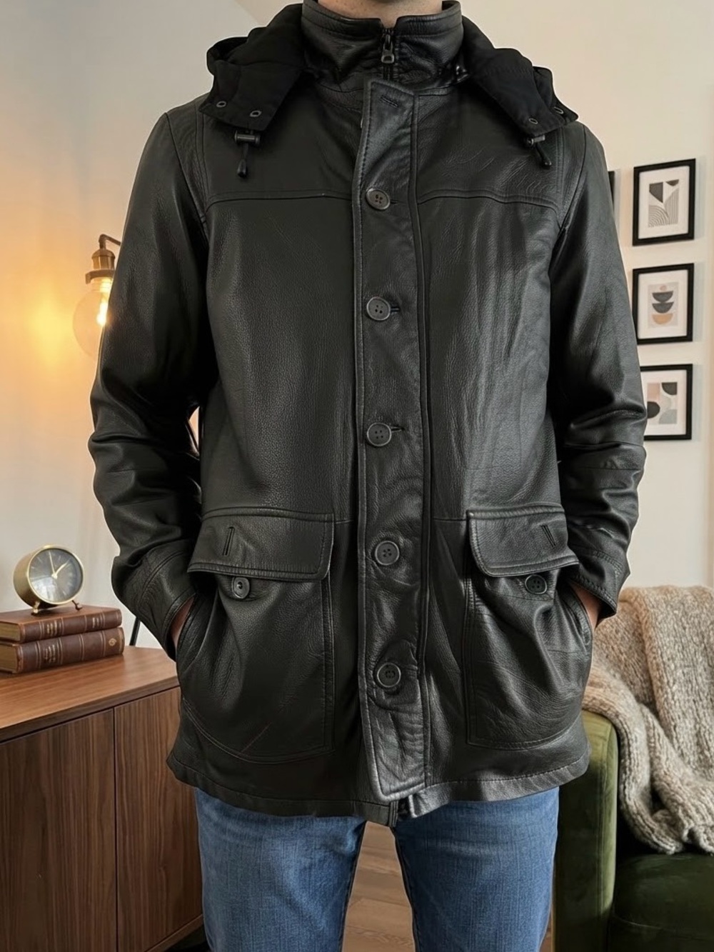 Danier Black Leather Hooded Field Jacket